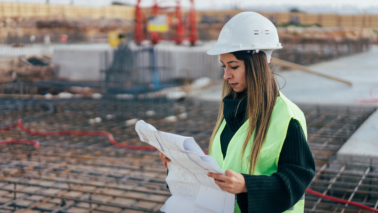 Woman on a construction site wearing a hard hat looking a building plan.