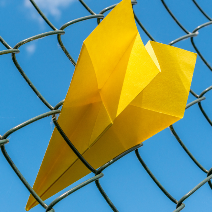 Photo of a paper aeroplane caught in a metal fence